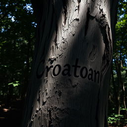 A close-up view of a weathered tree with the word "Croatoan" intricately carved into its bark, surrounded by an ominous forest setting