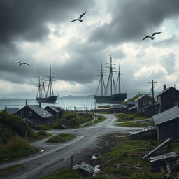 A dramatic scene depicting ships arriving at an empty settlement, under a brooding sky