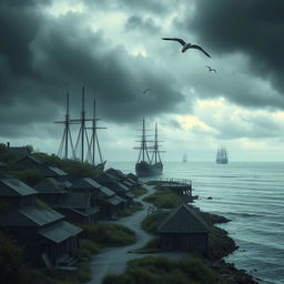 A dramatic scene depicting ships arriving at an empty settlement, under a brooding sky