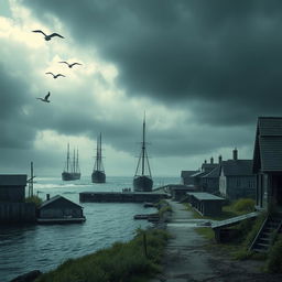 A dramatic scene depicting ships arriving at an empty settlement, under a brooding sky