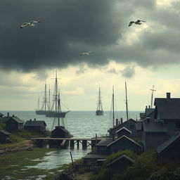 A dramatic scene depicting ships arriving at an empty settlement, under a brooding sky