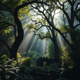 A captivating scene of dense, mysterious forests surrounding the site of the Roanoke Colony, emphasizing the thick, towering trees with lush green leaves and intertwining branches