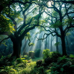 A captivating scene of dense, mysterious forests surrounding the site of the Roanoke Colony, emphasizing the thick, towering trees with lush green leaves and intertwining branches