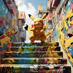 Modify the Murakami-styled Pikachu image to show Pikachu executing a tre flip skateboard trick down a huge stair set. Maintain the vibrancy, attention to detail, and high resolution of the previous image.