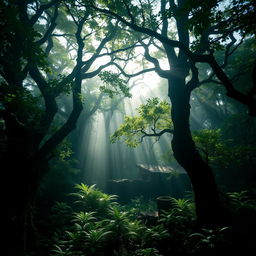 A captivating scene of dense, mysterious forests surrounding the site of the Roanoke Colony, emphasizing the thick, towering trees with lush green leaves and intertwining branches