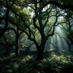 A captivating scene of dense, mysterious forests surrounding the site of the Roanoke Colony, emphasizing the thick, towering trees with lush green leaves and intertwining branches