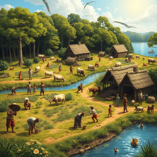 An artistic interpretation of life in the Roanoke Colony, depicting a vibrant scene of early settlers engaging in daily activities