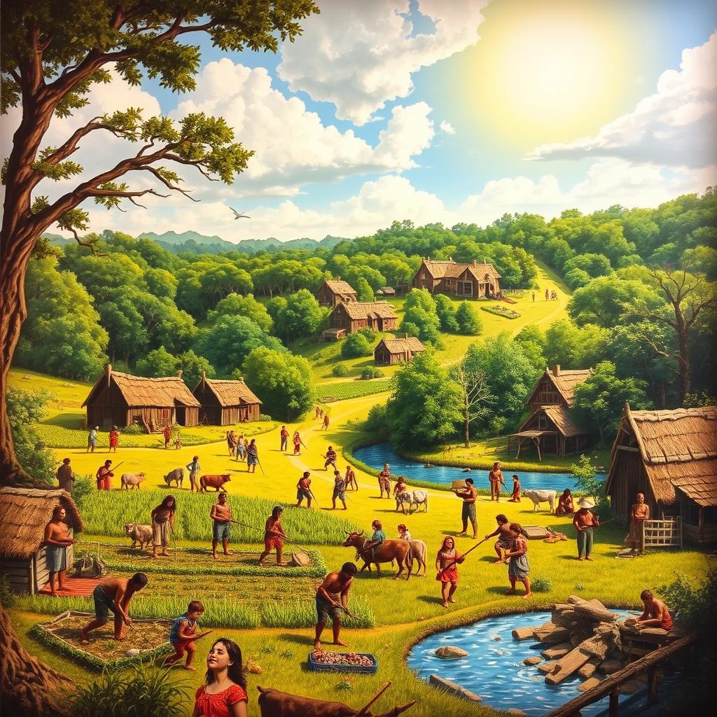 An artistic interpretation of life in the Roanoke Colony, depicting a vibrant scene of early settlers engaging in daily activities