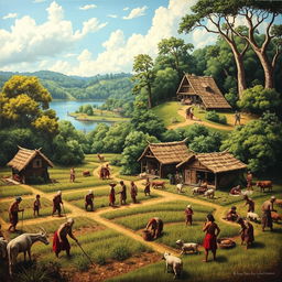 An artistic interpretation of life in the Roanoke Colony, depicting a vibrant scene of early settlers engaging in daily activities