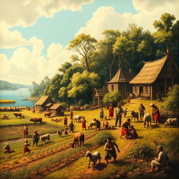 An artistic interpretation of life in the Roanoke Colony, depicting a vibrant scene of early settlers engaging in daily activities