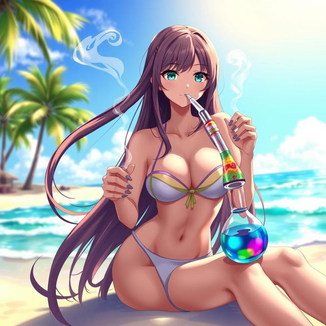 A stunning anime woman with long flowing hair, wearing a stylish bikini that accentuates her curves, sitting on a beach
