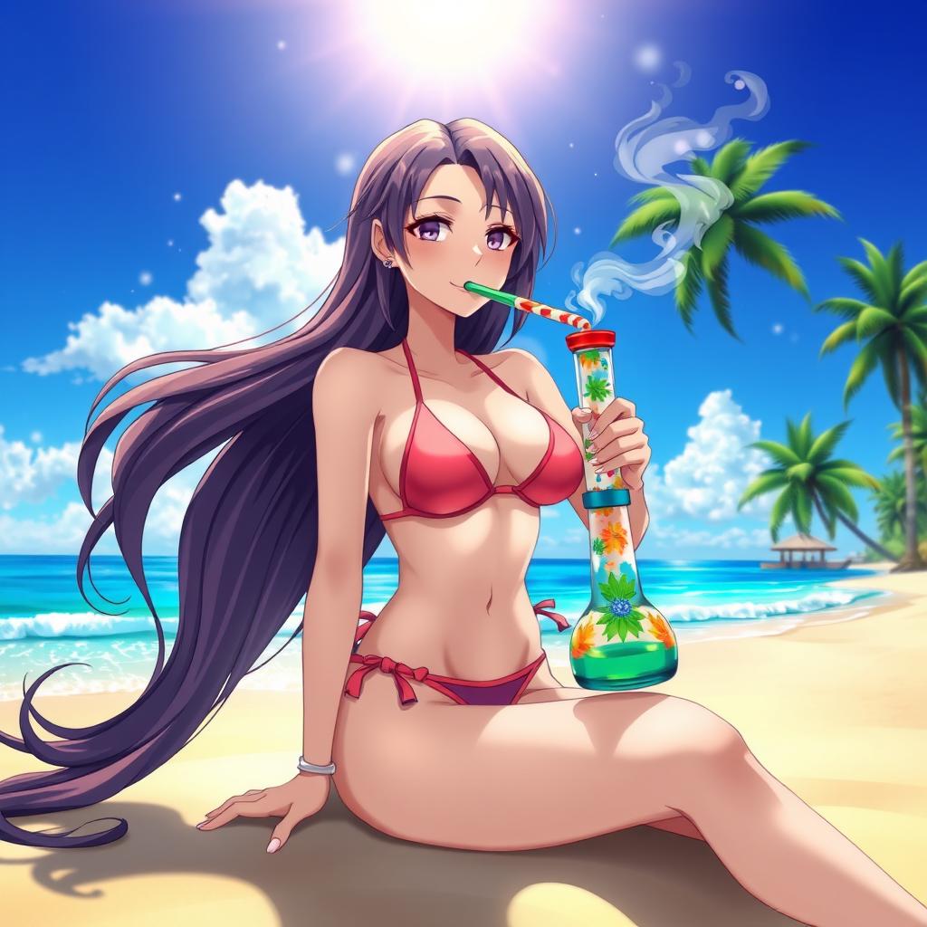 A stunning anime woman with long flowing hair, wearing a stylish bikini that accentuates her curves, sitting on a beach