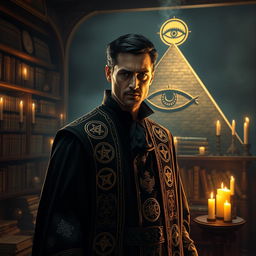 A mysterious and enigmatic scene depicting a member of the Illuminati, showcasing Eli Weffer