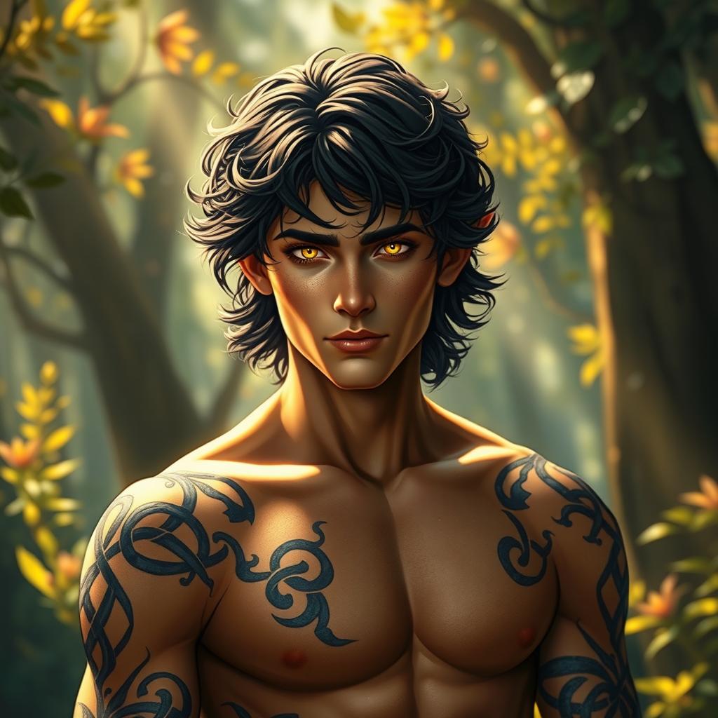 A breathtakingly handsome Fae male with enchanting golden eyes that shimmer with a magical light