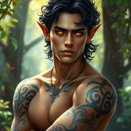 A breathtakingly handsome Fae male with enchanting golden eyes that shimmer with a magical light