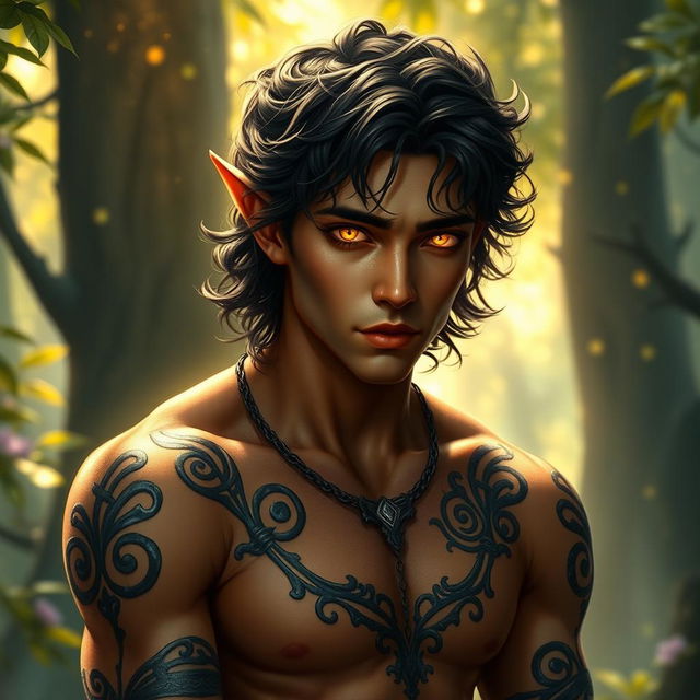 A breathtakingly handsome Fae male with enchanting golden eyes that shimmer with a magical light