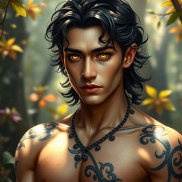 A breathtakingly handsome Fae male with enchanting golden eyes that shimmer with a magical light