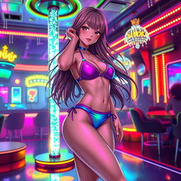 A beautiful anime woman in a colorful bikini, striking a confident pose in a lively strip club setting