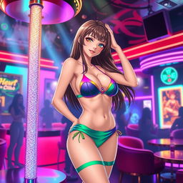 A beautiful anime woman in a colorful bikini, striking a confident pose in a lively strip club setting
