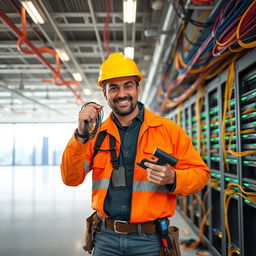 A confident professional CAT6 cable installer, wearing a hard hat and safety gear, skillfully working in a vast open space filled with intricate networking equipment and cabling