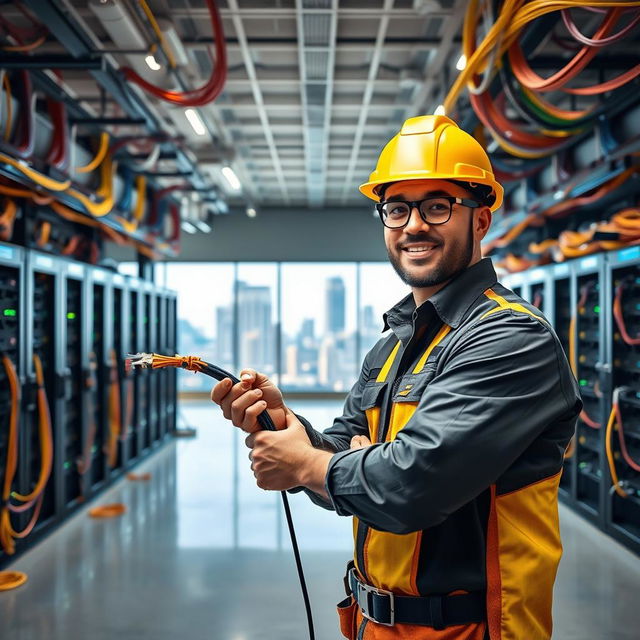 A confident professional CAT6 cable installer, wearing a hard hat and safety gear, skillfully working in a vast open space filled with intricate networking equipment and cabling