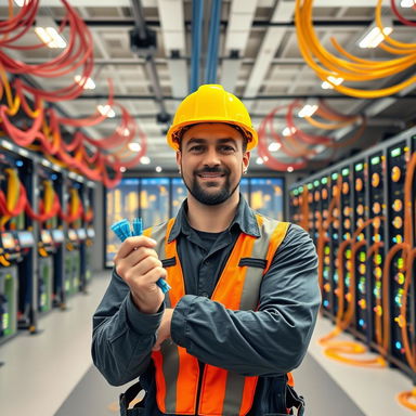 A confident professional CAT6 cable installer, wearing a hard hat and safety gear, skillfully working in a vast open space filled with intricate networking equipment and cabling