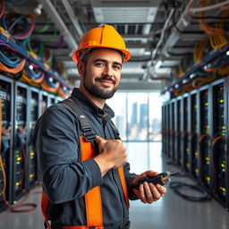 A confident professional CAT6 cable installer, wearing a hard hat and safety gear, skillfully working in a vast open space filled with intricate networking equipment and cabling