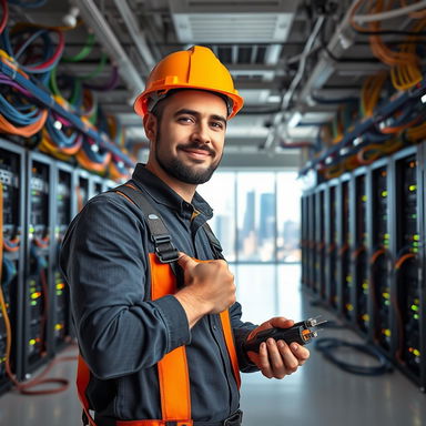 A confident professional CAT6 cable installer, wearing a hard hat and safety gear, skillfully working in a vast open space filled with intricate networking equipment and cabling