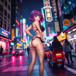 A dynamic scene of an anime-style character, a female hooker, standing on a neon-lit street in a busy city at night
