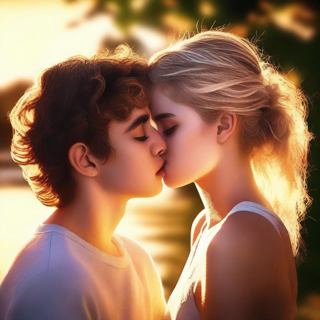 A hyper-realistic, high-quality digital art image showcasing a teen couple sharing a passionate kiss during summer