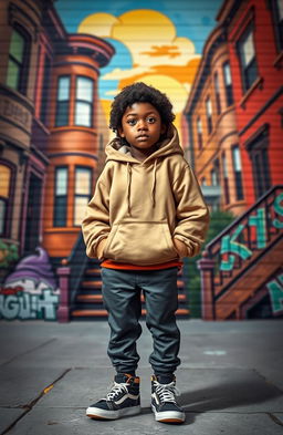 A reimagined version of the main character Pip from Charles Dickens' Great Expectations, depicted as a young Black boy from an urban setting, representing his aspirations and dreams