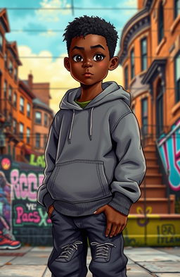 A reimagined version of the main character Pip from Charles Dickens' Great Expectations, depicted as a young Black boy from an urban setting, representing his aspirations and dreams