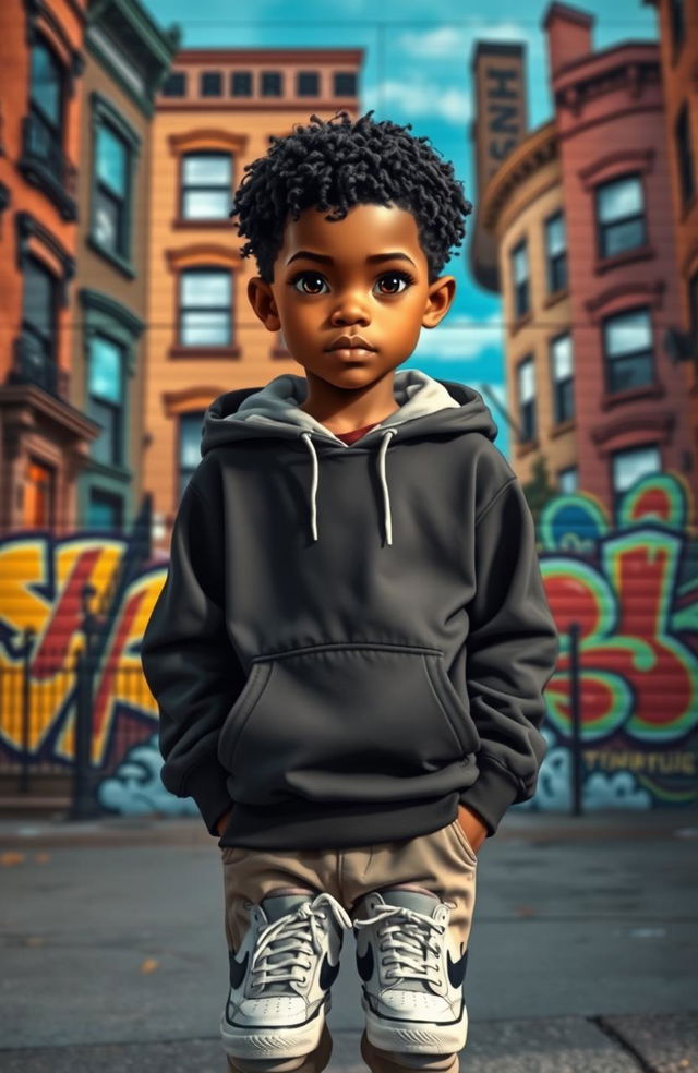 A reimagined version of the main character Pip from Charles Dickens' Great Expectations, depicted as a young Black boy from an urban setting, representing his aspirations and dreams