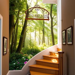 A beautifully designed staircase wall featuring an elegant mural of a lush forest, with tall trees and vibrant greenery, interspersed with colorful wildflowers at the base