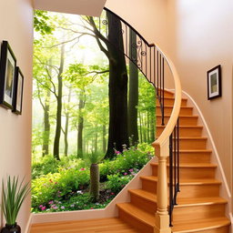 A beautifully designed staircase wall featuring an elegant mural of a lush forest, with tall trees and vibrant greenery, interspersed with colorful wildflowers at the base