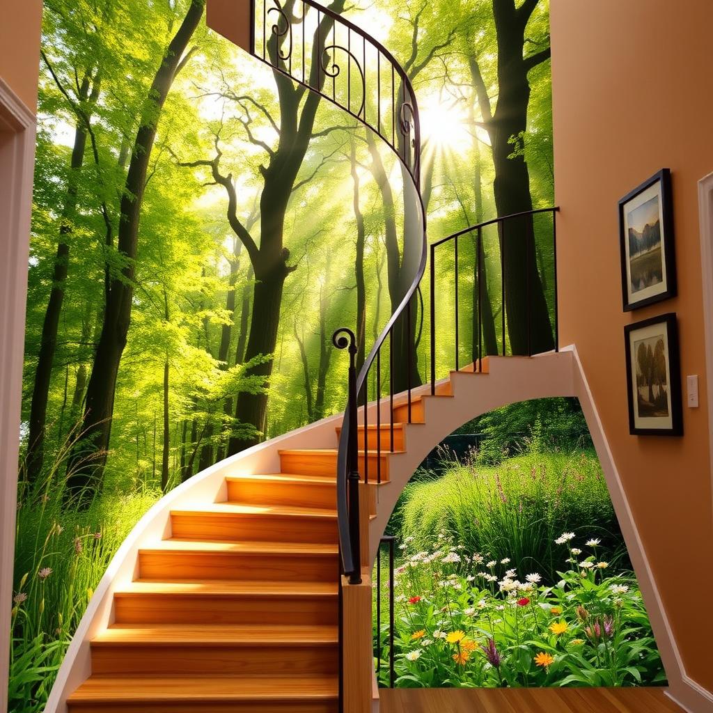 A beautifully designed staircase wall featuring an elegant mural of a lush forest, with tall trees and vibrant greenery, interspersed with colorful wildflowers at the base