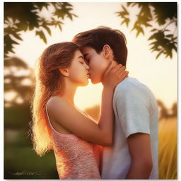 A hyper-realistic, high-quality digital art image showcasing a teen couple sharing a passionate kiss during summer