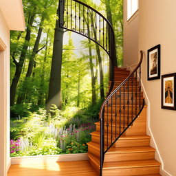 A beautifully designed staircase wall featuring an elegant mural of a lush forest, with tall trees and vibrant greenery, interspersed with colorful wildflowers at the base
