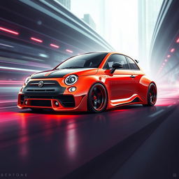 An imaginative digital illustration of a futuristic Abarth Fiat 127, reimagined as a supercar from the future