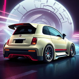 An imaginative digital illustration of a futuristic Abarth Fiat 127, reimagined as a supercar from the future