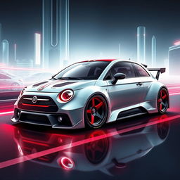 An imaginative digital illustration of a futuristic Abarth Fiat 127, reimagined as a supercar from the future