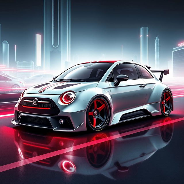 An imaginative digital illustration of a futuristic Abarth Fiat 127, reimagined as a supercar from the future