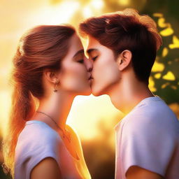 A hyper-realistic, high-quality digital art image showcasing a teen couple sharing a passionate kiss during summer