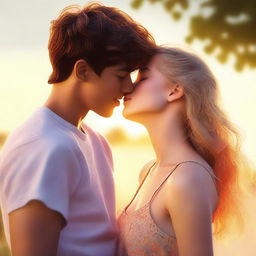 A hyper-realistic, high-quality digital art image showcasing a teen couple sharing a passionate kiss during summer