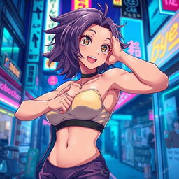 A vibrant and dynamic anime illustration of a confident adult character