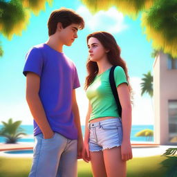 A hyper-realistic, high-quality digital art image showcasing a teen couple having a disagreement during summer