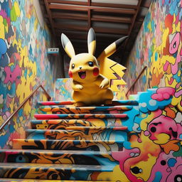 Modify the Murakami-styled Pikachu image to show Pikachu executing a tre flip skateboard trick down a huge stair set. Maintain the vibrancy, attention to detail, and high resolution of the previous image.