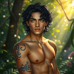 A charmingly handsome Fae male, captivating with his radiant golden eyes that sparkle with an ethereal glow