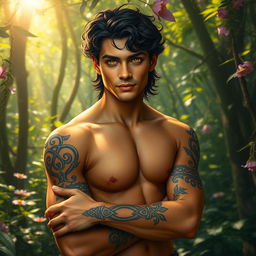 A charmingly handsome Fae male, captivating with his radiant golden eyes that sparkle with an ethereal glow