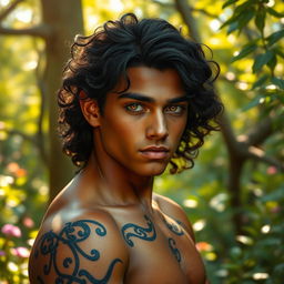 A charmingly handsome Fae male, captivating with his radiant golden eyes that sparkle with an ethereal glow